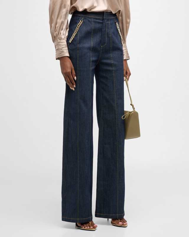 Chaya Topstitched Embellished Denim Straight-Leg Pants